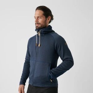 Fjällräven Övik Fleece Hoodie Men’s L Navy Full Zip Outdoor Jacket Elbow Patch